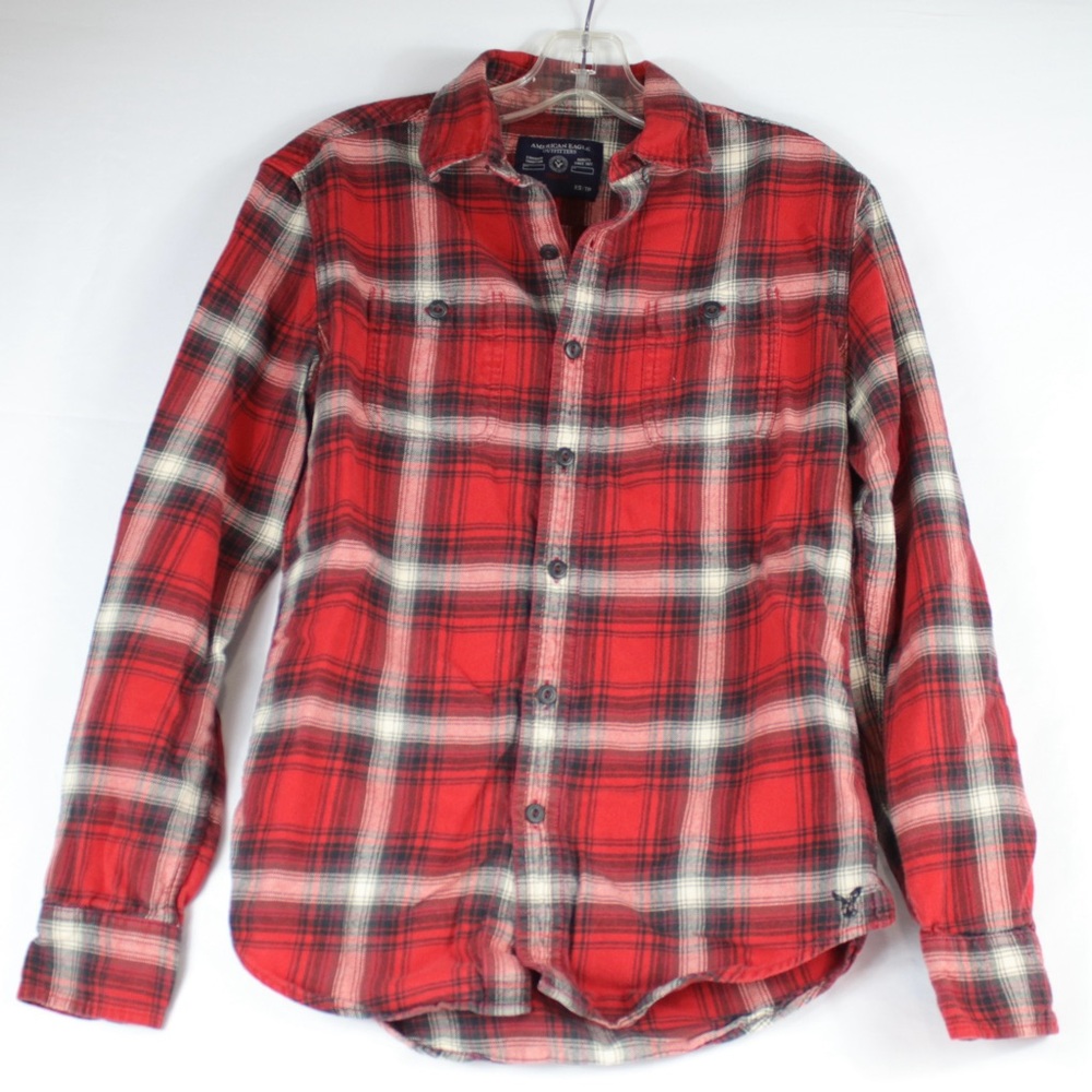 American Eagle Red, Black & White Plaid Long Sleeve Button Up Shirt Mens Size XS